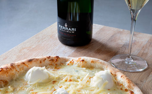 Ferrari Maximum Blanc de Blancs and Four cheese Pizza